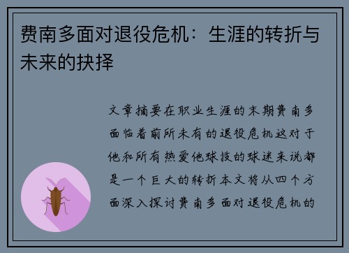 费南多面对退役危机：生涯的转折与未来的抉择