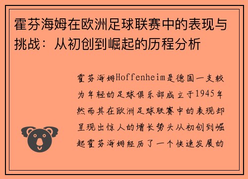 霍芬海姆在欧洲足球联赛中的表现与挑战:从初创到崛起的历程分析 霍芬海姆在欧洲足球联赛中的表现与挑战:从初创到崛起的历程分析